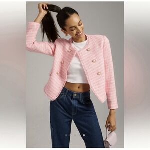 Anthropologie Maeve Double-Breasted Tweed Lady Jacket Sz 6 Pink White Lined